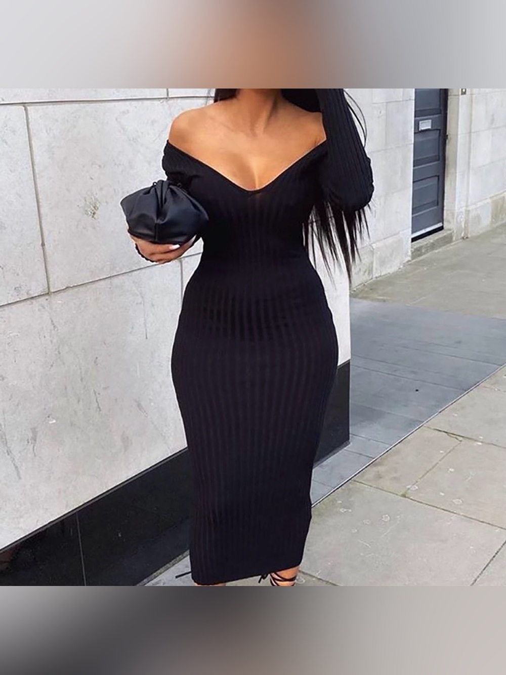 Fashion Nova One-Shoulder Ribbed Midi Dress in Black